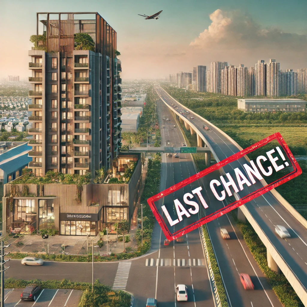 Home Page dall·e 2025 02 13 08.41.54 a high quality real estate thumbnail for 'last chance to buy property on airport road, mohali' featuring a modern high rise apartment or commercial bu